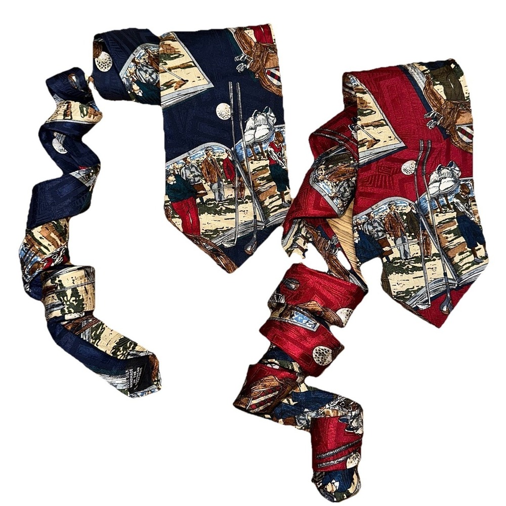 Lot Of 2 Vintage 90's Claybrooke Pure Silk Golf Print Neck Ties Novelty Red Navy